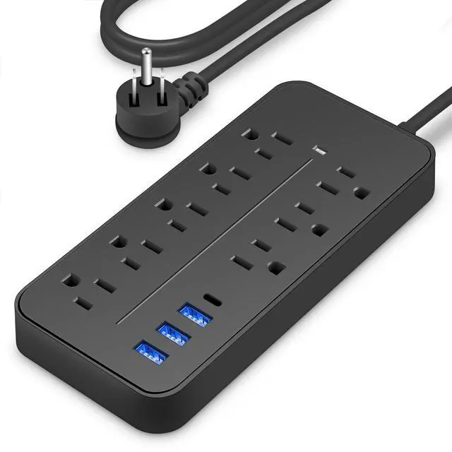 Main image of Power Strip with USB Ports, 8 AC Outlets + 3 USB-A + 1 USB-C, 4ft Flat Plug Extension Cord with Switch