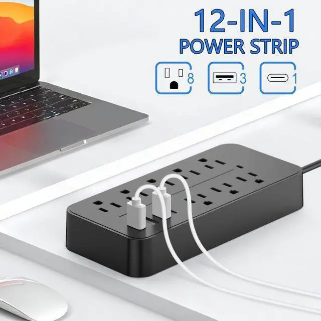 Alt view image 2 of 7 - Power Strip with USB Ports, 8 AC Outlets + 3 USB-A + 1 USB-C, 4ft Flat Plug Extension Cord with Switch