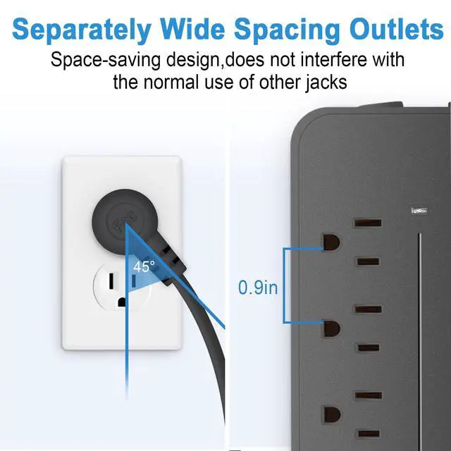 Alt view image 7 of 7 - Power Strip with USB Ports, 8 AC Outlets + 3 USB-A + 1 USB-C, 4ft Flat Plug Extension Cord with Switch