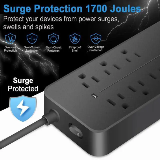 Alt view image 3 of 7 - Power Strip with USB Ports, 8 AC Outlets + 3 USB-A + 1 USB-C, 4ft Flat Plug Extension Cord with Switch