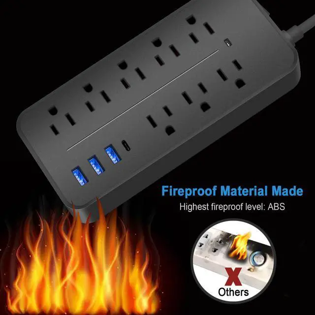 Alt view image 5 of 7 - Power Strip with USB Ports, 8 AC Outlets + 3 USB-A + 1 USB-C, 4ft Flat Plug Extension Cord with Switch