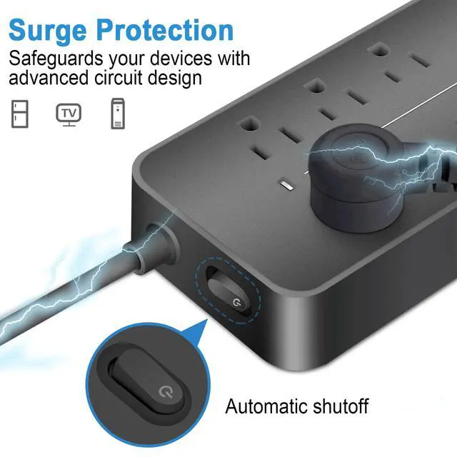 Alt view image 4 of 7 - Power Strip with USB Ports, 8 AC Outlets + 3 USB-A + 1 USB-C, 4ft Flat Plug Extension Cord with Switch