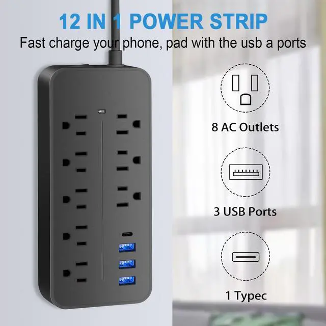 Alt view image 6 of 7 - Power Strip with USB Ports, 8 AC Outlets + 3 USB-A + 1 USB-C, 4ft Flat Plug Extension Cord with Switch