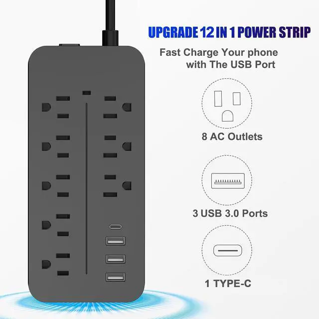 Alt view image 4 of 7 - Power Strip, Surge Protector with 8 AC outlets and 4 USB ports, 5 Ft Extension Cord, 12 in 1 Charging Station for Home/Office/Dorm
