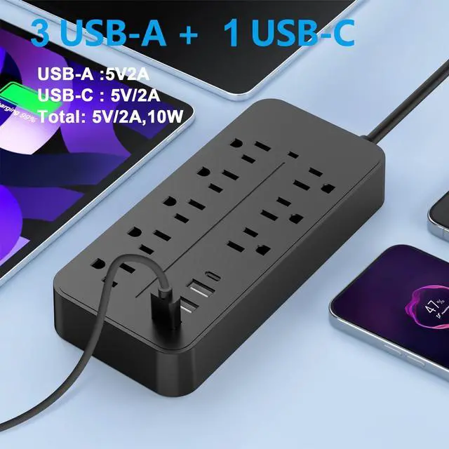 Alt view image 3 of 7 - Power Strip, Surge Protector with 8 AC outlets and 4 USB ports, 5 Ft Extension Cord, 12 in 1 Charging Station for Home/Office/Dorm