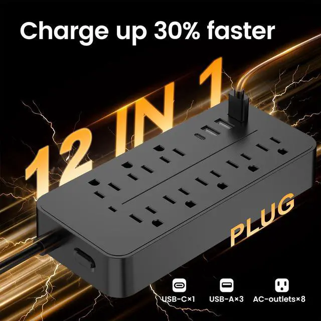 Alt view image 2 of 7 - Power Strip, Surge Protector with 8 AC outlets and 4 USB ports, 5 Ft Extension Cord, 12 in 1 Charging Station for Home/Office/Dorm