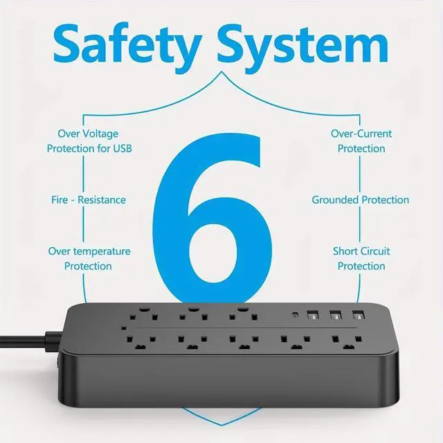 Alt view image 6 of 7 - Power Strip, Surge Protector with 8 AC outlets and 4 USB ports, 5 Ft Extension Cord, 12 in 1 Charging Station for Home/Office/Dorm