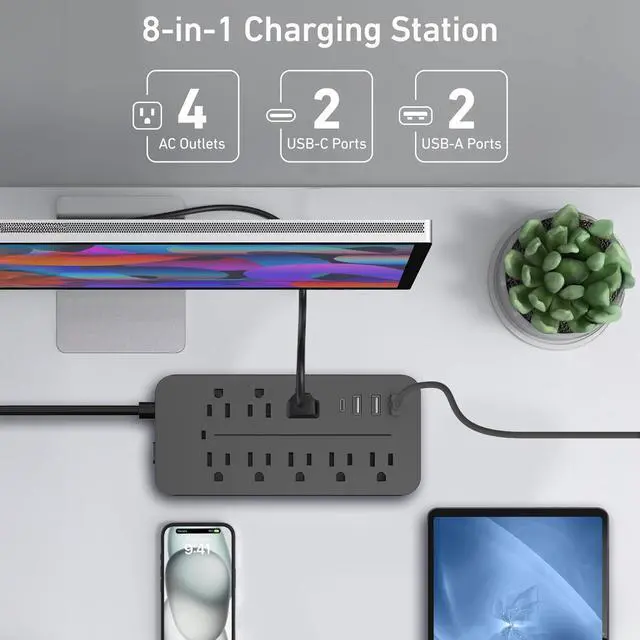 Alt view image 7 of 7 - Power Strip, Surge Protector with 8 AC outlets and 4 USB ports, 5 Ft Extension Cord, 12 in 1 Charging Station for Home/Office/Dorm