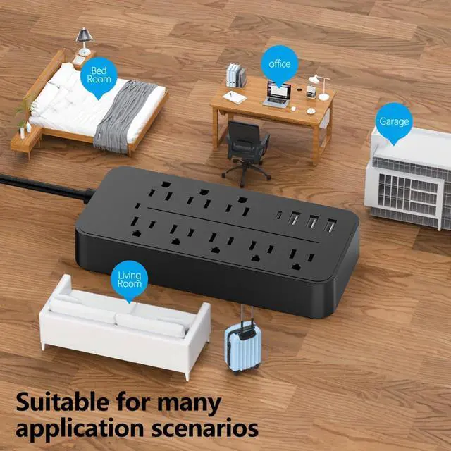 Alt view image 5 of 7 - Power Strip, Surge Protector with 8 AC outlets and 4 USB ports, 5 Ft Extension Cord, 12 in 1 Charging Station for Home/Office/Dorm