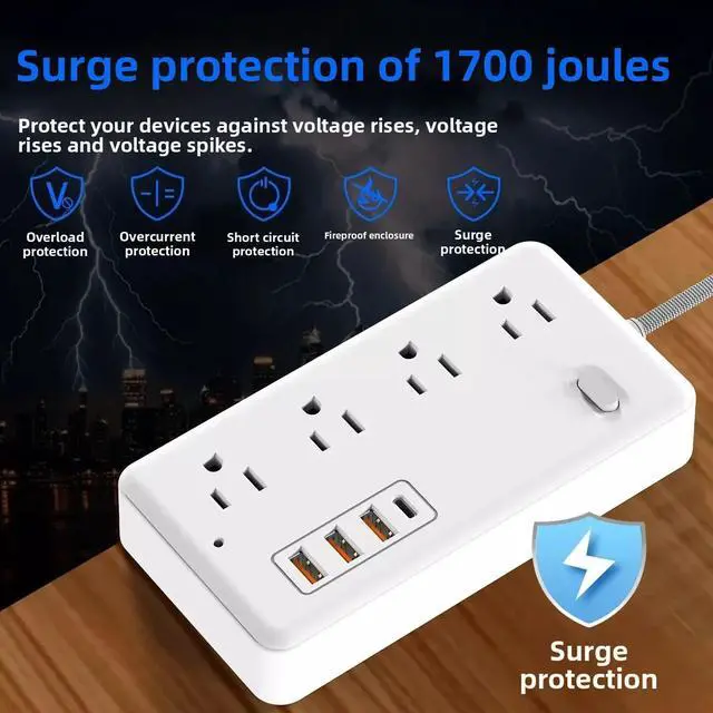 Alt view image 7 of 7 - Power Strip, Extension Cord, Portable Power Strip Flat Plug with 8 AC Outlets 4 USB Ports (1 USB C), Multi Plug Extension Cord for Travel, Cruise, Office, Hotels