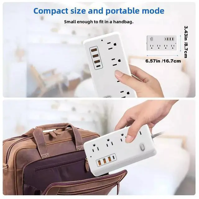 Alt view image 2 of 7 - Power Strip, Extension Cord, Portable Power Strip Flat Plug with 8 AC Outlets 4 USB Ports (1 USB C), Multi Plug Extension Cord for Travel, Cruise, Office, Hotels
