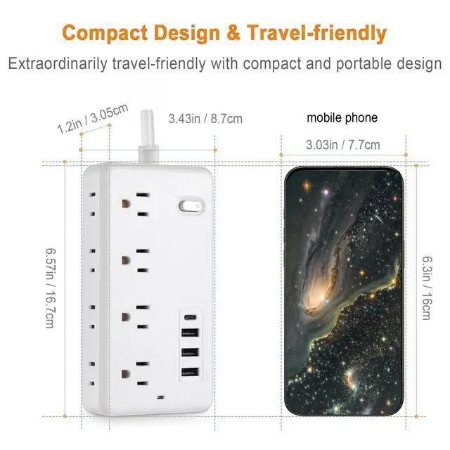 Alt view image 6 of 6 - Surge Protector Power Strip with 5-Foot Flat Plug Extension Cord, 6 Wide Outlets and 4 USB Ports (1 USB-C), with On/Off Switch, Overload Protection, Dual Voltage 110V/220V, US Plug for Home Office