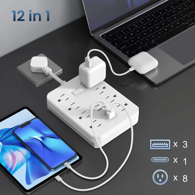 Alt view image 3 of 4 - Power Strip, Surge Protector with 15 Outlets and 4 USB Ports, 5 Feet Extension Cord (1875W/15A), 2700 Joules, Black 1FT