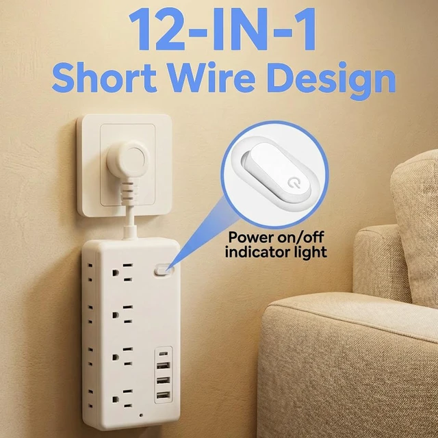 Alt view image 4 of 4 - Power Strip, Surge Protector With 8 AC Outlets & 3 USB & 1 Type-C Ports, Angled Flat Plug, For Home, Office, Dorm Essentials white 5FT white 1FT