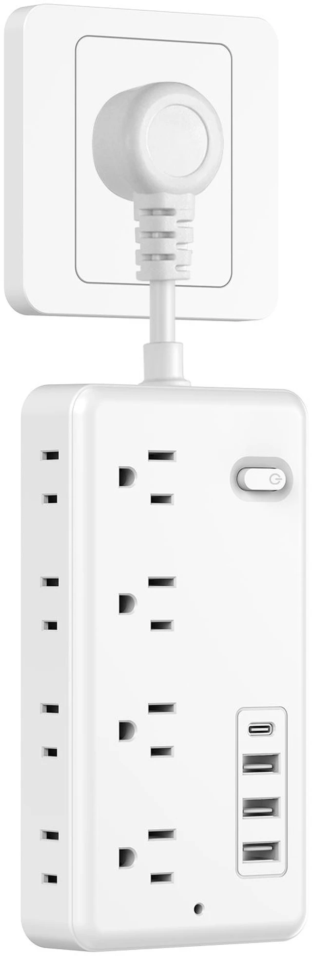 Main image of Surge Protector Power Strip with 5-Foot Flat Plug Extension Cord, 6 Wide Outlets and 4 USB Ports (1 USB-C), with On/Off Switch, Overload Protection, Dual Voltage 110V/220V, US Plug for Home Office 1FT