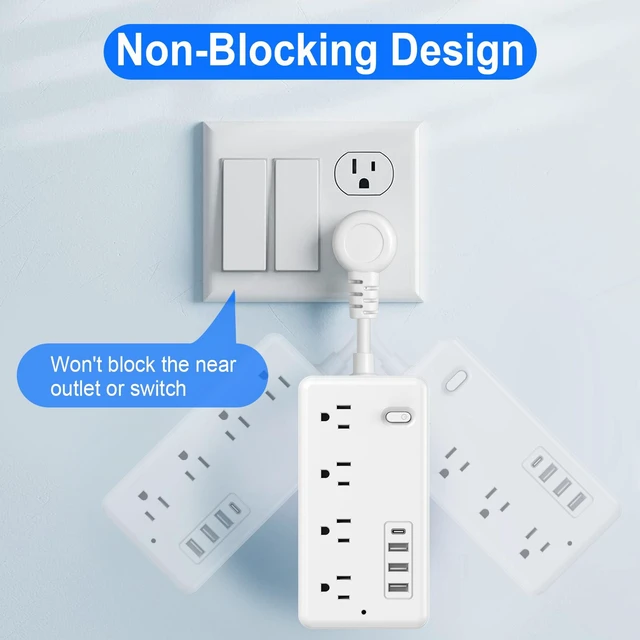 Alt view image 3 of 6 - Surge Protector Power Strip with 5-Foot Flat Plug Extension Cord, 6 Wide Outlets and 4 USB Ports (1 USB-C), with On/Off Switch, Overload Protection, Dual Voltage 110V/220V, US Plug for Home Office 1FT