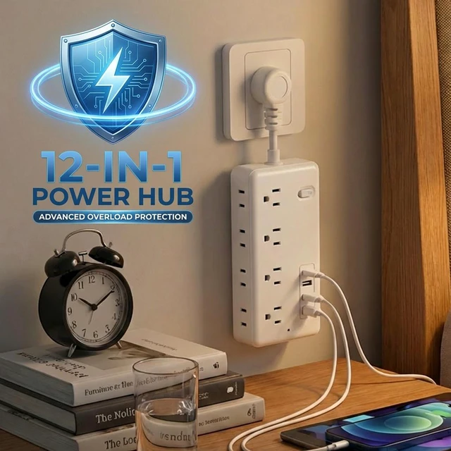 Alt view image 2 of 6 - Surge Protector Power Strip with 5-Foot Flat Plug Extension Cord, 6 Wide Outlets and 4 USB Ports (1 USB-C), with On/Off Switch, Overload Protection, Dual Voltage 110V/220V, US Plug for Home Office 1FT