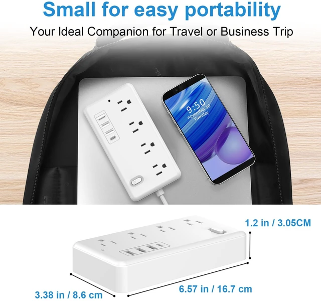 Alt view image 7 of 7 - Surge Protector Power Strip, 8 AC Outlets and 4 USB Ports (1USB-C), 5FT Braided Extension Cord with Multiple Outlets for Home, Office, Living Room, Dorm Room White 1FT