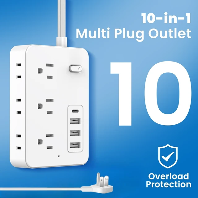 Alt view image 5 of 7 - Power Strip Surge Protector with 5-Foot Flat Plug Extension Cord, 6 Wide Outlets and 4 USB Ports (1 USB-C), with On/Off Switch, Overload Protection, Dual Voltage 110V/220V, US Plug for Home Office