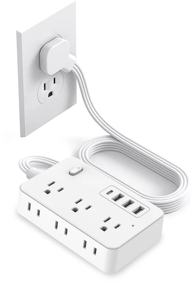 Main image of Power Strip Surge Protector with 5-Foot Flat Plug Extension Cord, 6 Wide Outlets and 4 USB Ports (1 USB-C), with On/Off Switch, Overload Protection, Dual Voltage 110V/220V, US Plug for Home Office