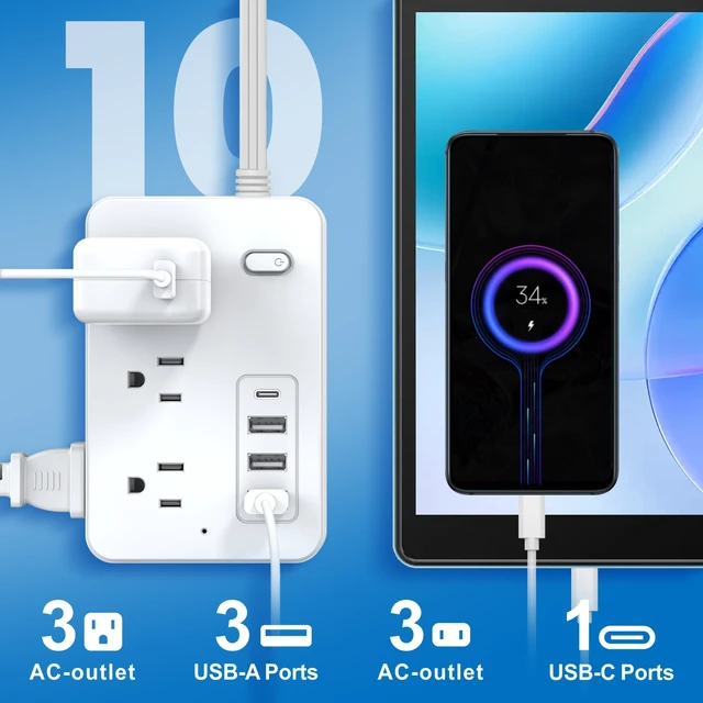Alt view image 4 of 7 - Power Strip Surge Protector with 5-Foot Flat Plug Extension Cord, 6 Wide Outlets and 4 USB Ports (1 USB-C), with On/Off Switch, Overload Protection, Dual Voltage 110V/220V, US Plug for Home Office