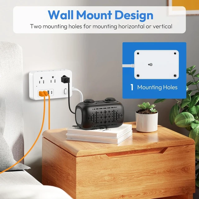 Alt view image 2 of 7 - Power Strip Surge Protector with 5-Foot Flat Plug Extension Cord, 6 Wide Outlets and 4 USB Ports (1 USB-C), with On/Off Switch, Overload Protection, Dual Voltage 110V/220V, US Plug for Home Office