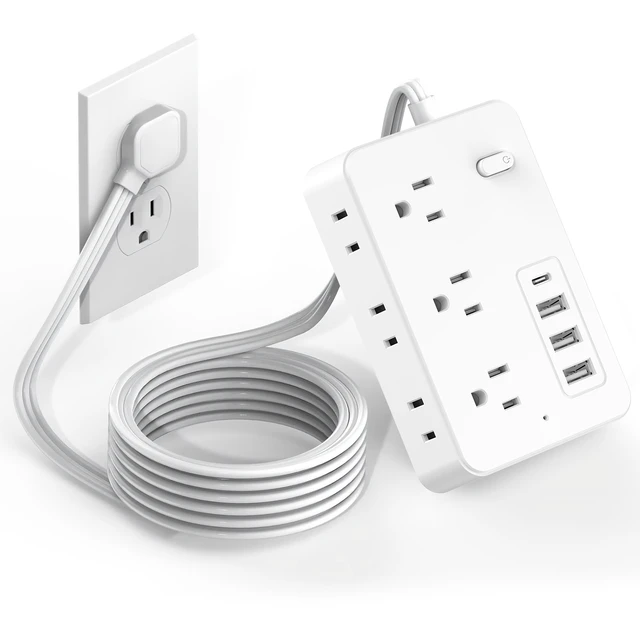 Alt view image 3 of 7 - Power Strip Surge Protector with 5-Foot Flat Plug Extension Cord, 6 Wide Outlets and 4 USB Ports (1 USB-C), with On/Off Switch, Overload Protection, Dual Voltage 110V/220V, US Plug for Home Office