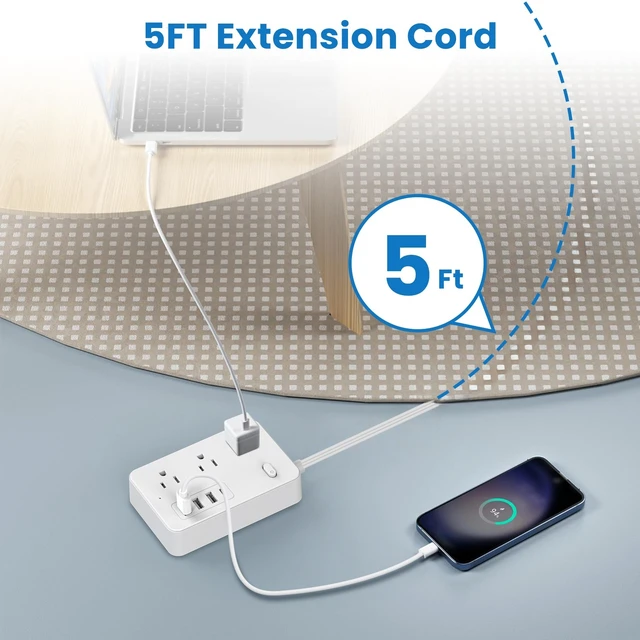 Alt view image 6 of 7 - Power Strip Surge Protector with 5-Foot Flat Plug Extension Cord, 6 Wide Outlets and 4 USB Ports (1 USB-C), with On/Off Switch, Overload Protection, Dual Voltage 110V/220V, US Plug for Home Office