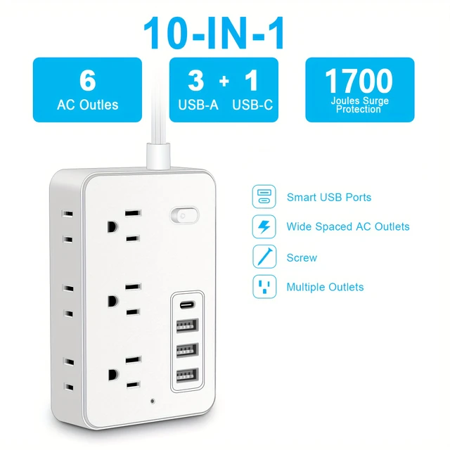 Alt view image 7 of 7 - Power Strip, Extension Cord, Portable Power Strip Flat Plug with 6 AC Outlets 4 USB Ports (1 USB C), Multi Plug Extension Cord for Travel, Cruise, Office, Hotels
