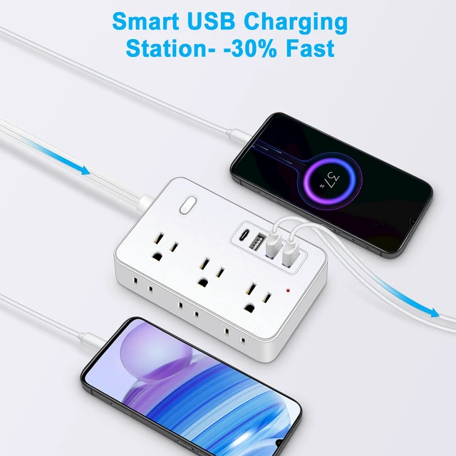 Alt view image 2 of 7 - Power Strip, Extension Cord, Portable Power Strip Flat Plug with 6 AC Outlets 4 USB Ports (1 USB C), Multi Plug Extension Cord for Travel, Cruise, Office, Hotels