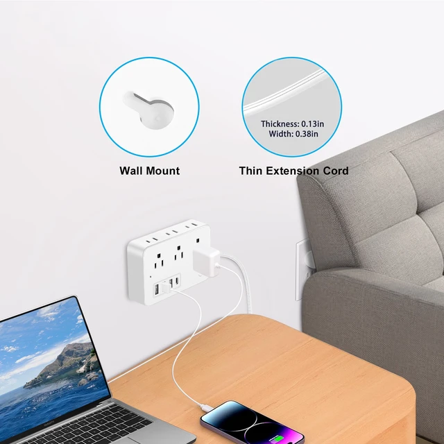 Alt view image 4 of 7 - Power Strip, Extension Cord, Portable Power Strip Flat Plug with 6 AC Outlets 4 USB Ports (1 USB C), Multi Plug Extension Cord for Travel, Cruise, Office, Hotels