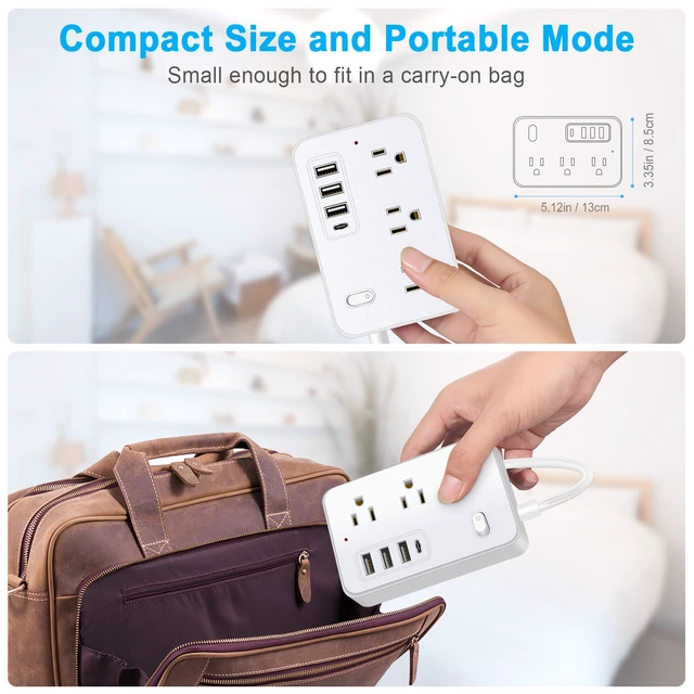 Alt view image 5 of 7 - Power Strip, Extension Cord, Portable Power Strip Flat Plug with 6 AC Outlets 4 USB Ports (1 USB C), Multi Plug Extension Cord for Travel, Cruise, Office, Hotels