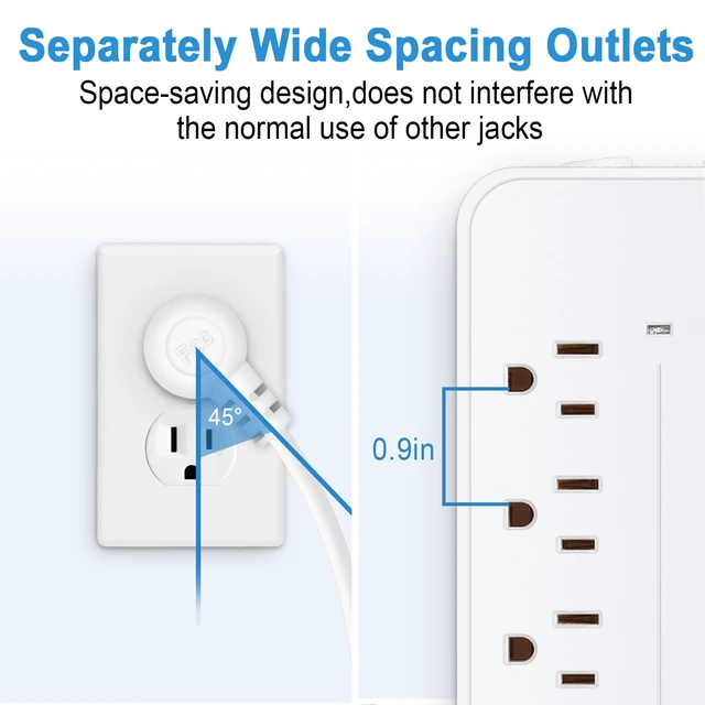 Alt view image 7 of 7 - Protector Power Strip, Multiple Outlets Extension Cord with 8 AC Outlets and 4 USB Charging Ports (1 USB-C), 45° Flat Plug, 4 Ft Mountable Outlet Extender for Home/Office/Dorm