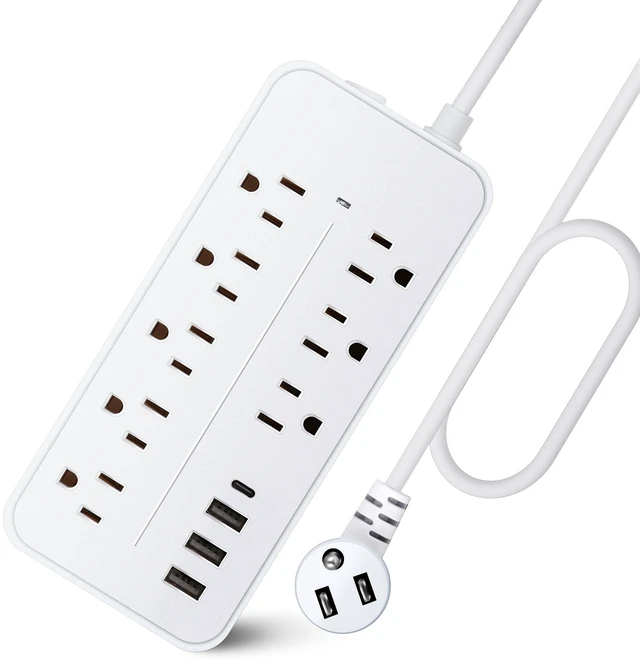 Main image of Protector Power Strip, Multiple Outlets Extension Cord with 8 AC Outlets and 4 USB Charging Ports (1 USB-C), 45° Flat Plug, 4 Ft Mountable Outlet Extender for Home/Office/Dorm