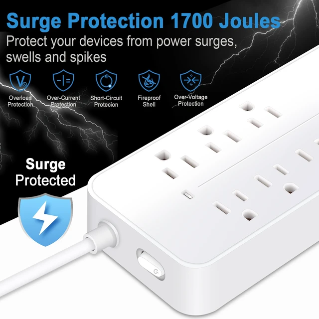 Alt view image 3 of 7 - Power Strip, Surge Protector With 8 AC Outlets & 3 USB & 1 Type-C Ports, Angled Flat Plug, For Home, Office, Dorm Essentials