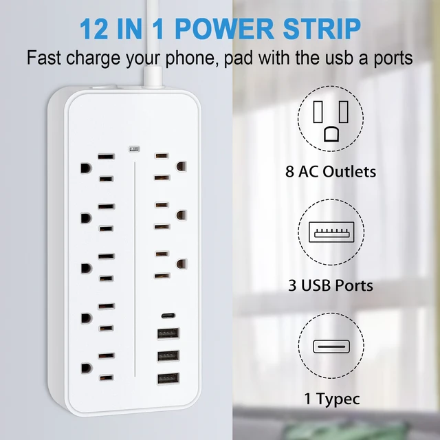 Alt view image 2 of 7 - Power Strip, Surge Protector With 8 AC Outlets & 3 USB & 1 Type-C Ports, Angled Flat Plug, For Home, Office, Dorm Essentials