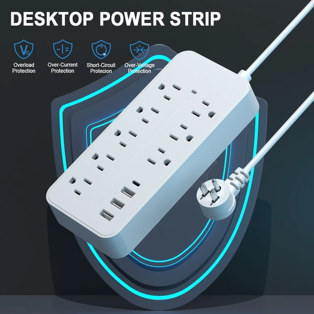 Main image of Power Strip, Surge Protector With 8 AC Outlets & 3 USB & 1 Type-C Ports, Angled Flat Plug, For Home, Office, Dorm Essentials