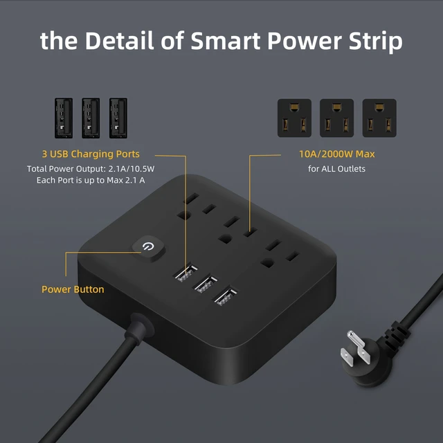 Alt view image 5 of 6 - Flat Plug Power Strip with 4 FT Extension Cord, 3 Outlets 3 USB Ports Extender for Home Office Travel Dorm Room Essentials, White