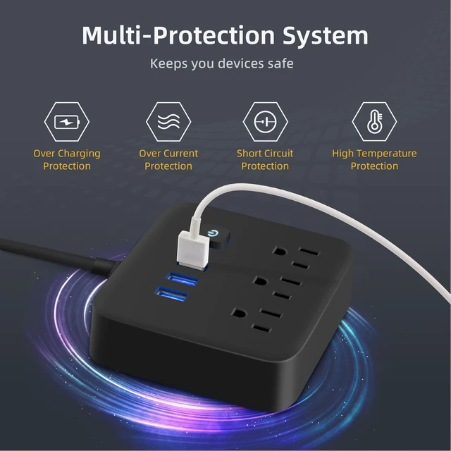 Alt view image 4 of 6 - Flat Plug Power Strip with 4 FT Extension Cord, 3 Outlets 3 USB Ports Extender for Home Office Travel Dorm Room Essentials, White