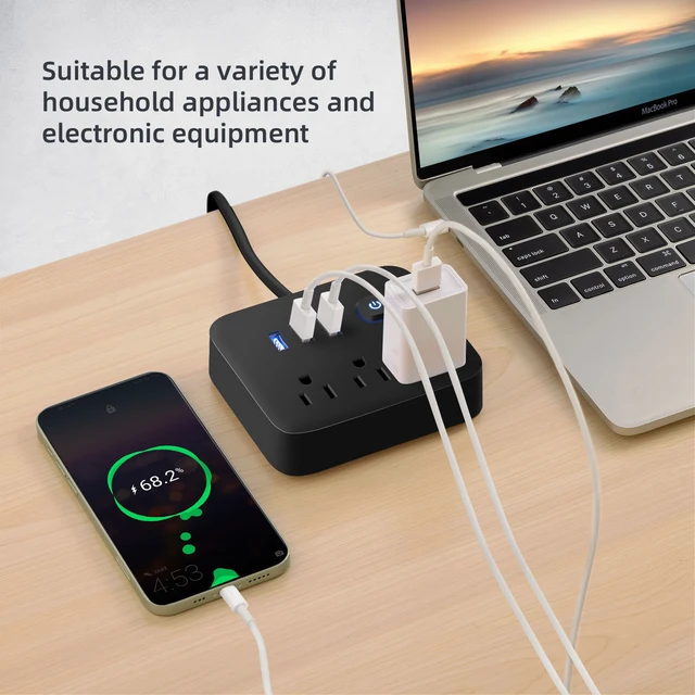 Alt view image 2 of 6 - Flat Plug Extension Cord, Power Strip with 3 USB Ports 5ft Outlet Extender, Wall Mount, Desk Charging Station for Office School Travel Dorm Room Essentials, ETL Listed