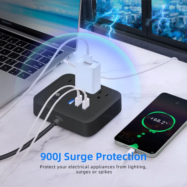 Alt view image 6 of 6 - Flat Plug Extension Cord, Power Strip with 3 USB Ports 5ft Outlet Extender, Wall Mount, Desk Charging Station for Office School Travel Dorm Room Essentials, ETL Listed