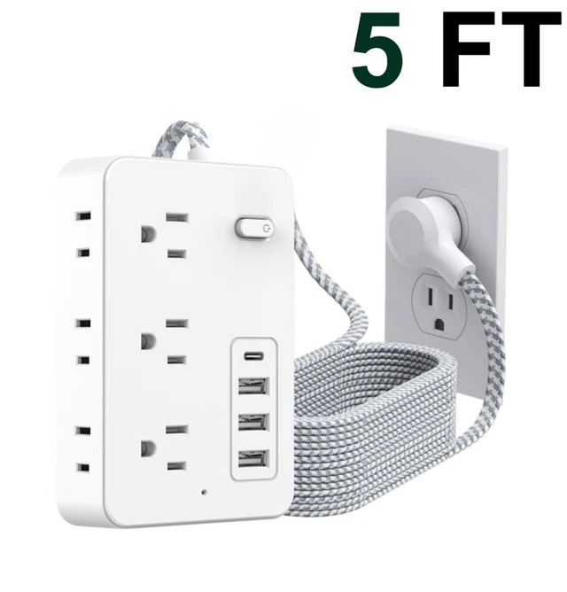Main image of Surge Protector Power Strip - 5Ft Braided Extension Cord with 8 Outlets with 4 USB (1 USB C) Charging Ports, Flat Plug Multi Plug Outlet Extender Charging Station for Home Office, ETL, Black