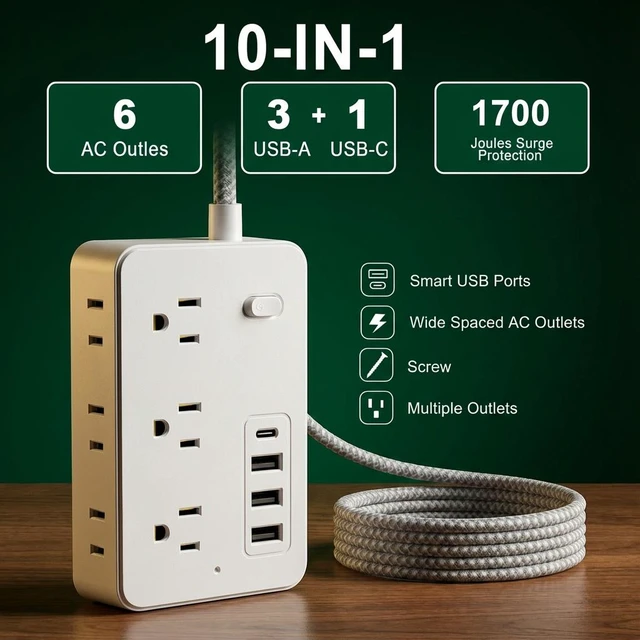 Alt view image 4 of 7 - Surge Protector Power Strip - 5Ft Braided Extension Cord with 8 Outlets with 4 USB (1 USB C) Charging Ports, Flat Plug Multi Plug Outlet Extender Charging Station for Home Office, ETL, Black