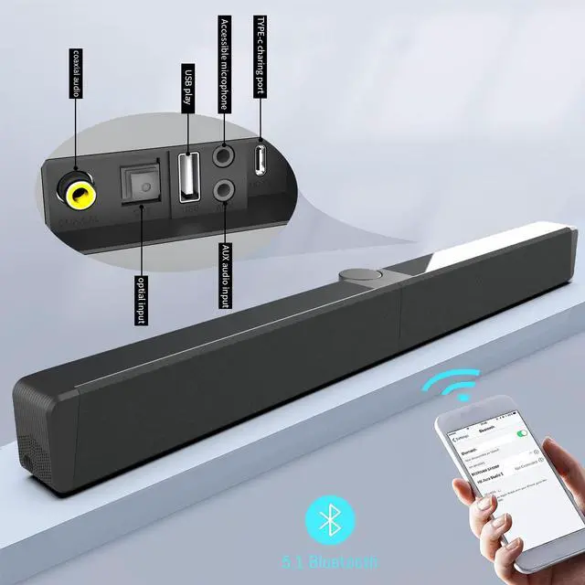 Alt view image 4 of 6 - BS-53 Foldable Sound Bars for TV Speaker with Full-Range Divers, Bluetooth 5.1, OPT,Coaxial,USB, AUX Inputs,  TV Soundbar for Projector PC Home Theater 3D Surround Sound System-26.8 Inch