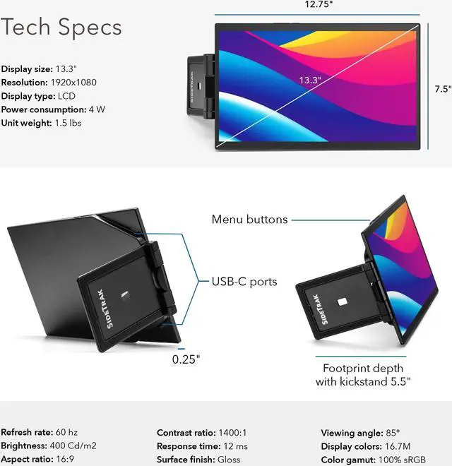 Alt view image 7 of 7 - SideTrak Solo VESA-Compatible Touchscreen Portable Monitor for Laptop 15.6 | 1080p LED Laptop Monitor with Audio Jack, Built-in Speakers, Kickstand Case | 60Hz Refresh Rate