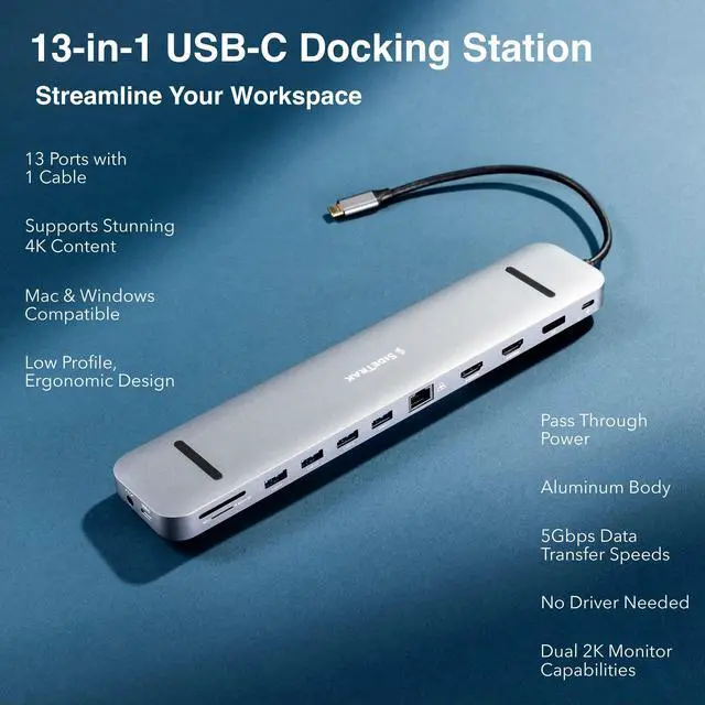 Alt view image 3 of 7 - SideTrak 4K Docking Station 13-in-1 - USB-C, USB-A 3.0, HDMI, 4k 60Hz Display, Ethernet, Audio Jack, Windows MST, Mac SST | Dell Docking Station, Thunderbolt Dock, Power Battery, Surface Tablet Dock.