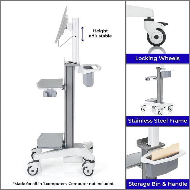 Alt view image 3 of 7 - Stand Steady Medical Computer Cart for All-in-One Computers | Height Adjustable Medical Cart for Centralized Patient Reporting | Stainless Steel VESA-Compatible Mobile Computer Cart with Wheels