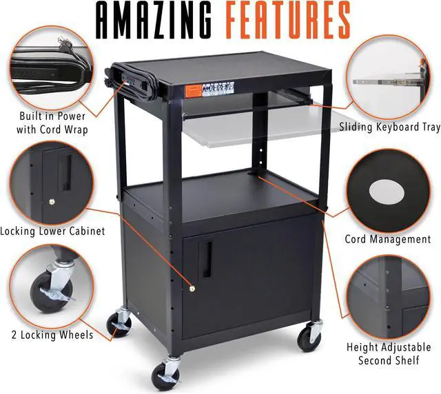 Alt view image 2 of 7 - Line Leader AV Cart and Locking Cabinet - Includes Pullout Keyboard Tray, Easy Locking Wheels and Cord Management - Great for School and Office (42 x 24 x 18 / Black)