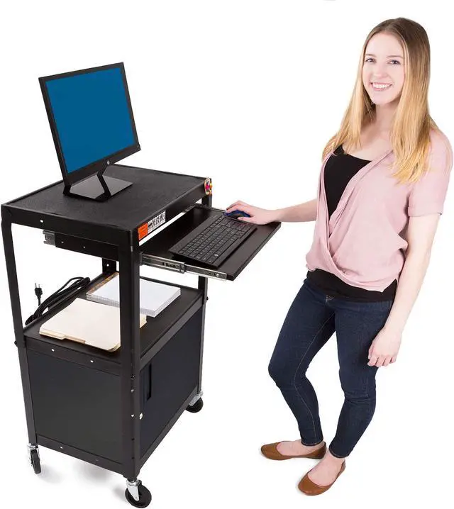 Main image of Line Leader AV Cart and Locking Cabinet - Includes Pullout Keyboard Tray, Easy Locking Wheels and Cord Management - Great for School and Office (42 x 24 x 18 / Black)