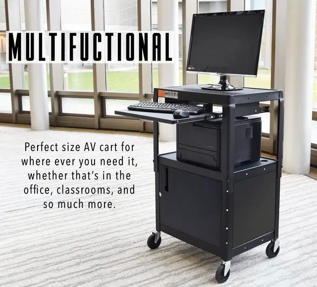 Alt view image 3 of 7 - Line Leader AV Cart and Locking Cabinet - Includes Pullout Keyboard Tray, Easy Locking Wheels and Cord Management - Great for School and Office (42 x 24 x 18 / Black)